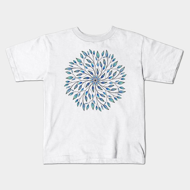 Blue Leaves Mandala Kids T-Shirt by CarrieBrose